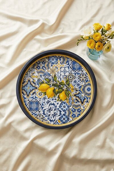 Home 34 cm Lemon Tile Pattern Metal Tray