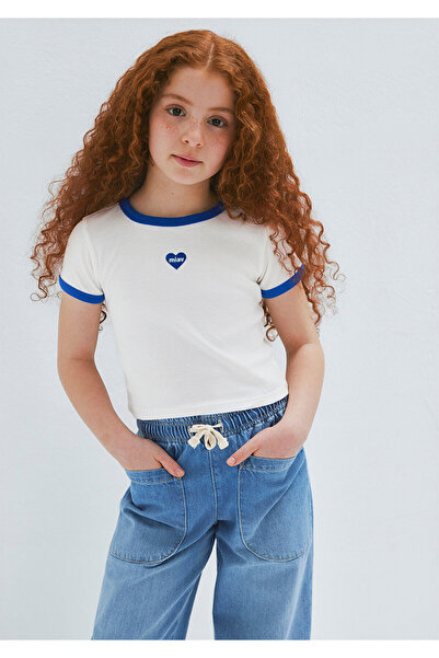 Mavi Miav Heart Embroidered White T-Shirt Fitted / Bodycon Cut 7610492-70057