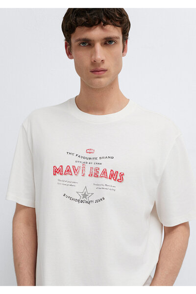 Mavi Jeans Bedrucktes Ecru-T-Shirt Loose Fit / Lockerer, bequemer Schnitt 061...