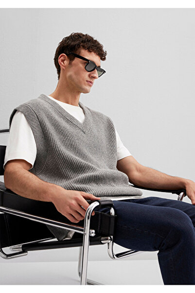 Mavi Grauer Pullover aus Wollmischung mit V-Ausschnitt, lockerer Schnitt / be...