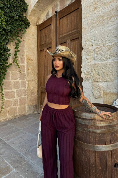 Siner Fashion Γυναικεία μπλούζα με μανίκια σε χρώμα μούρι, φαρδύ παντελόνι κα...