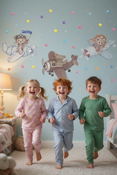 KT Decor Σετ αυτοκόλλητων τοίχου 3 Kafadar Pilot Bears σε παστέλ χρώμα