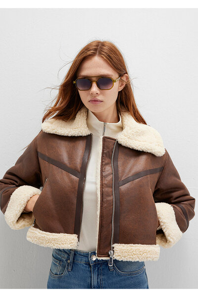 Mavi Brown Faux Leather Jacket with Faux Fur Detail Regular Fit / Regular Cut...