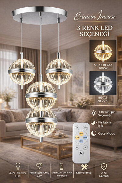 Marsel Lighting küre 4lü gold avize 3 renk led ısıklı modern avize salon aviz...