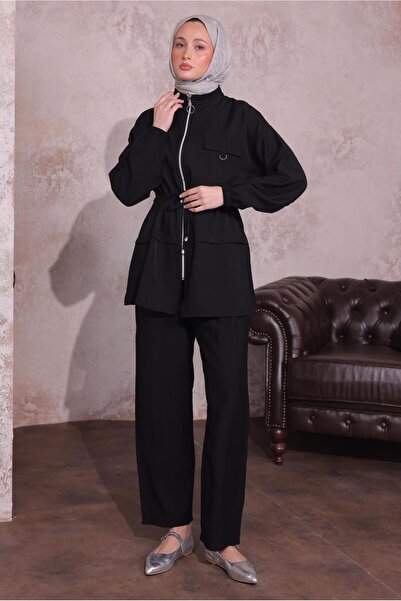 TRENDTESETTÜR KADIN SİYAH BELİ BÜZGÜLÜ PANTOLONLU TAKIM T 3374