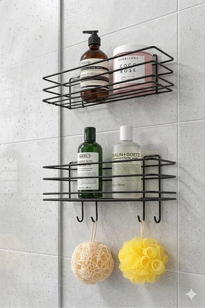 TncPatiShop Adhesive 4-Piece Hook Bathroom Kitchen Shelf 2-Piece Bathroom Shower Wall Organizer Organizer Shelf Black