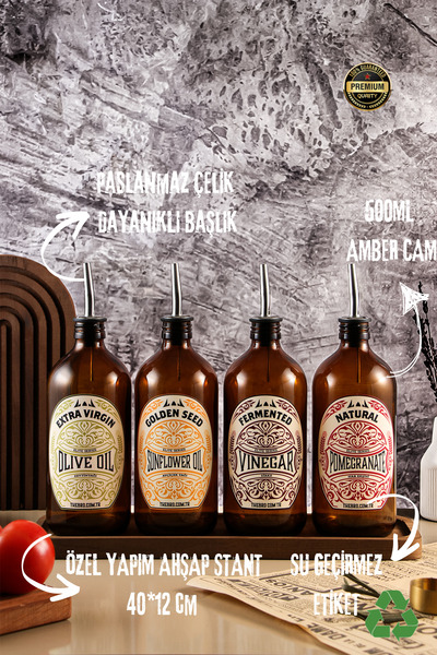 Elite Series Olive Oil,Sunflower Oil, Vinegar and Pomegranate Syrup Bottle with 500ML Wooden Stand