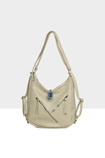 Bagmori Κρεμ γυναικείο σακίδιο πλάτης με διπλό φερμουάρ και λουράκια M000008734