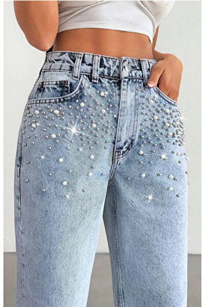 REDZARRAM ανοιχτό μπλε κομψό γυναικείο παντελόνι με κανονική μέση και πέτρα μ...