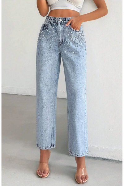 REDZARRAM Light Blue Regular Waistline Front Stone Stylish Women's Pants