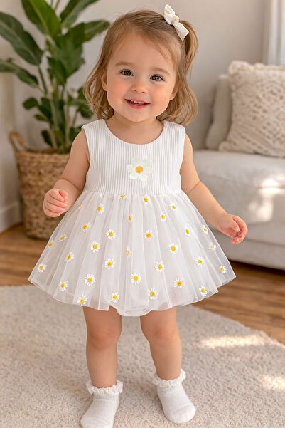 Daisy Embroidered Summer Tulle Snapsuit Dress (100% COTTON)