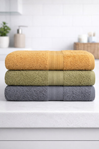 Cotton 3'lü %100 Pamuklu Havlu Seti Çavuş Bordür 50x90 El ve Yüz Havlusu