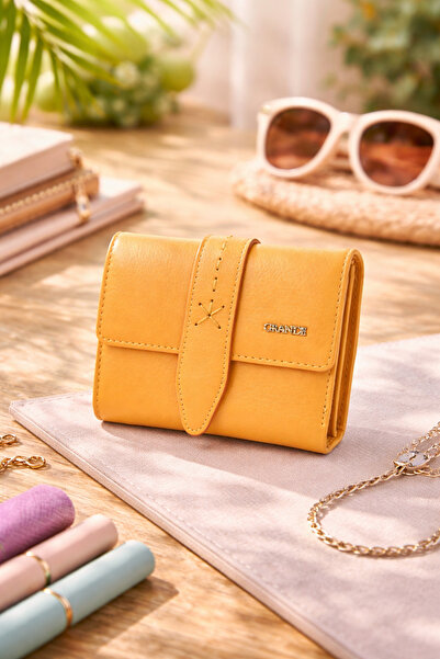 Grande 2633 Γυναικείο πορτοφόλι από γνήσιο δέρμα, κίτρινο χρώμα, με πολλές θή...