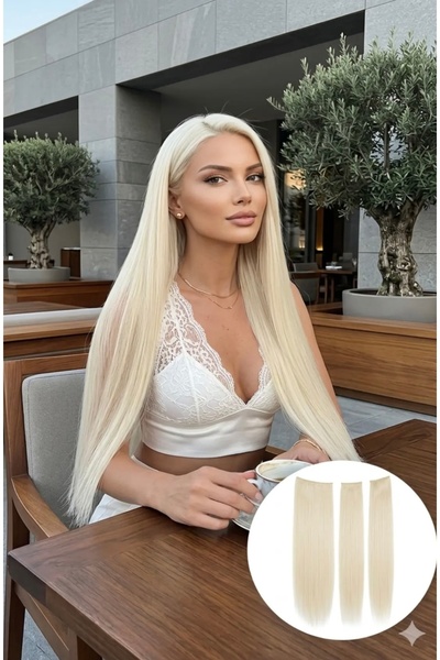 Makromehome Platin Sarısı Düz Uzun Yarım Ay Saç – 3 Parça Çıt Çıt 75cm. 230 G...