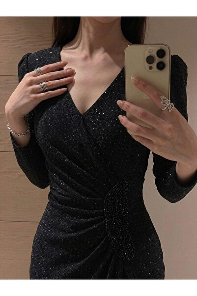 BROOKLYN STYLE Shiny Evening Dress with Side Folds and Crystal Details