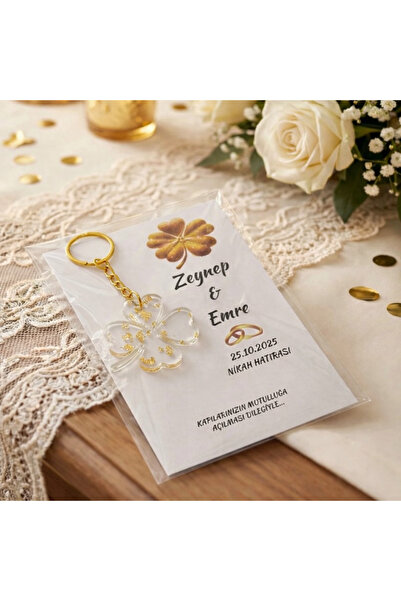LMS EPOKSİ Kişiye Özel 25 Adet Kartlı Epoksi Yonca Anahtarlık - Nikah Nişan S...