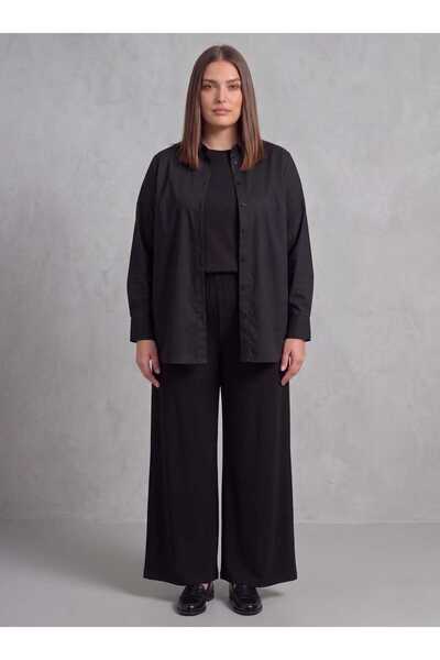 ALİA Crepe Fabric Blouse & Trousers Plus Size Double Set - Black -