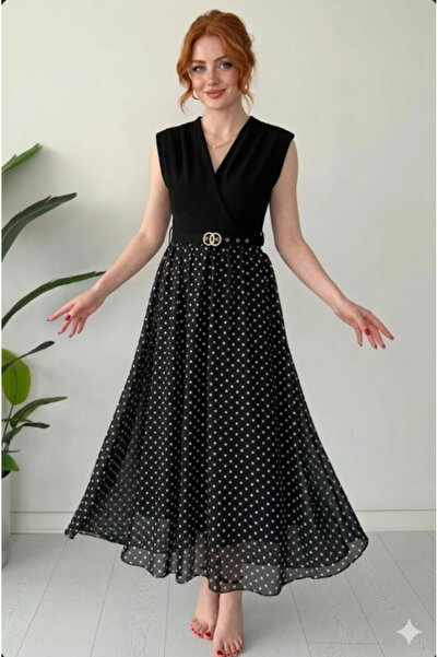 Moda Palmiss Γυναικείο μίντι φόρεμα από σιφόν με διπλό γιακά, μαύρο πουά και ...