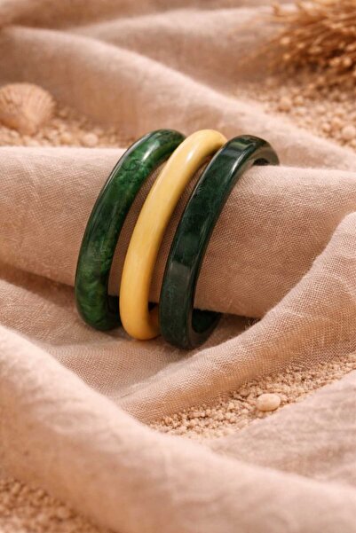 Mope Accessories Bangle Bileklik 3’lü Set Yeşil & Altın Ton Modern Tasarım