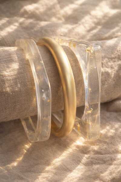 Mope Accessories Premium 3’lü Bangle Bileklik Seti Şeffaf Reçine & Gold Minim...