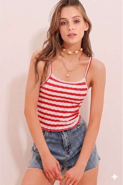 NEW JOURNAL Γυναικεία Κόκκινη-Εκρού Ριγέ Πλεκτά Κοντό Μπλούζα JF19