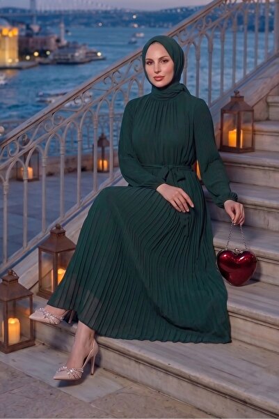 Bestenur Rochie din șifon cu curea și căptușeală interioară 1690 - Verde smarald