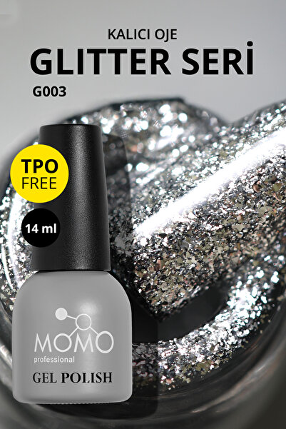 MOMO professional Glitter Kalıcı Oje G003, Yoğun Gümüş Parıltılı, 14 ml