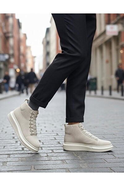 BOA Ανδρικά αθλητικά μποτάκια με ψηλή σόλα BA0713 Lace-up Suede Beige
