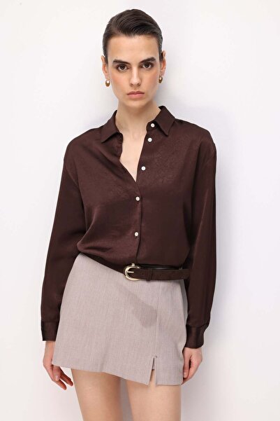 Mixray 4815 Women's Satin Kraş Shirt Brown
