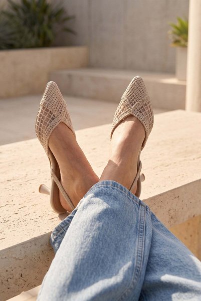 Modezya Daisy Beige Lace Pointed Toe Women's Heeled Shoes with Elastic Back