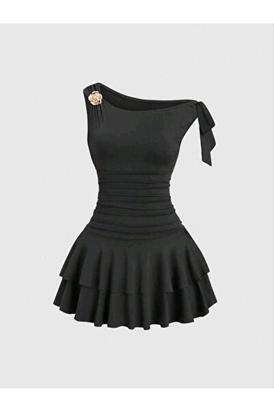 Bracha Low Sleeve Draped Rose Detailed Flounce Mini Dress