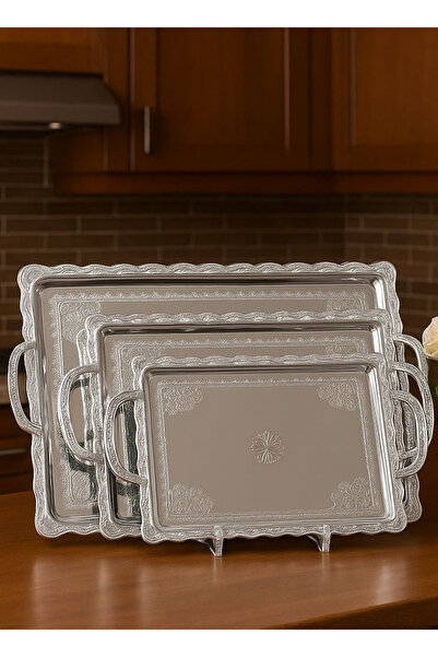 ALQANNAS 3 Pieces Serving Tray Set | Wide Sizes | Modern Design | Silver