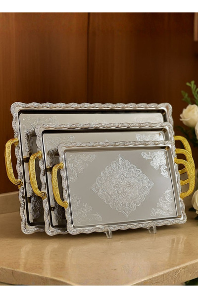 ALQANNAS 3 Pieces Serving Tray Set | Wide Sizes | Modern Design | Silver with...