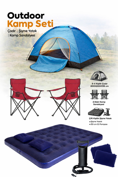 Walke Lüks Kamp Seti 4 Kişilik Çadır Çift Kişilik Yatak 2 Adet Kırmızı Sandal...