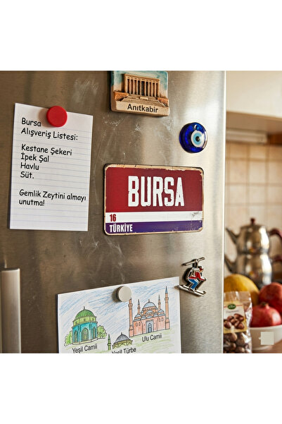 wonderlike Bursa 16 Şehir Temalı Retro Plaka Tasarımlı Dekoratif Buzdolabı Ma...