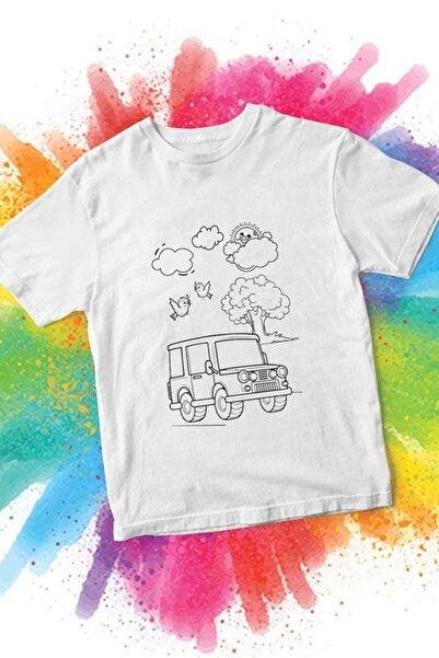 Pamusan Beyaz Unisex T-Shirt - Araba Desenli
