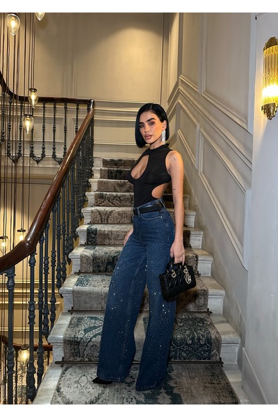 Ağgez Γυναικείο τζιν με φαρδιά μπατζάκια και πέτρες