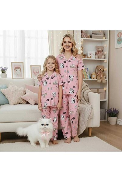 NiCe İç Giyim ΣΕΤ ΠΙΤΖΑΜΕΣ ANNE & KIZ Ροζ Χρώμα με Χαριτωμένο Σχέδιο Γάτας, Π...