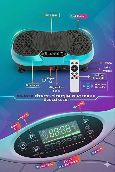 Fegel FG-6500 Titreşimli Fitness Platformu | 99 Hız Seviyesi & Hoparlörlü Egz...