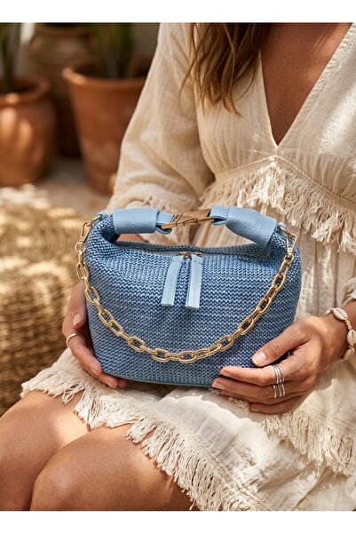 ABBRA Γυναικεία ψάθινη τσάντα με κλιπ και κούμπωμα