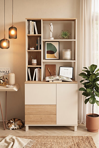 Yurudesign Mood Kitaplık Raf Ahşap Ayaklı 188cm 2 Kapaklı 2 Çekmeceli Kumsal-...