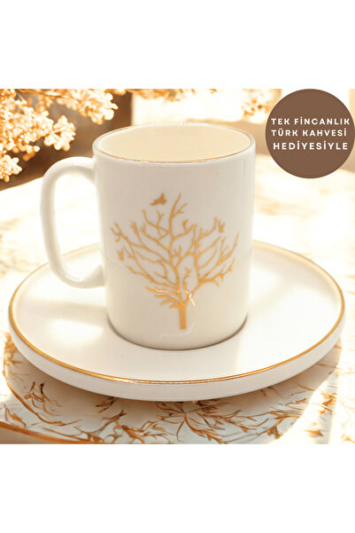 EVİMİA Altın Hayat Ağacı Desenli 6 Kişilik Porselen Kahve Fincan Takımı