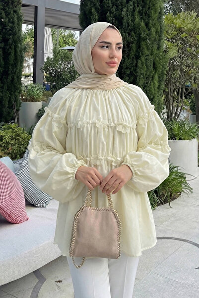 Salih Çelebi Ρεγκλάν Τουνίκ με Λεπτομέρεια Λουλουδιών 81061 - ΛΑΔΙΟΥ ΚΙΤΡΙΝΟ