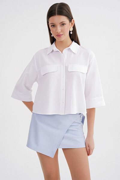 Hiccup Cămașă crop Mixray din poplin cu mâneci scurte