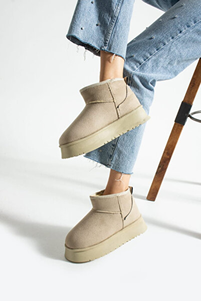 butiksosyete38 Ug Model Düz Desen Süet Içi Kürklü Kalin Taban Kadin Taba Bootie