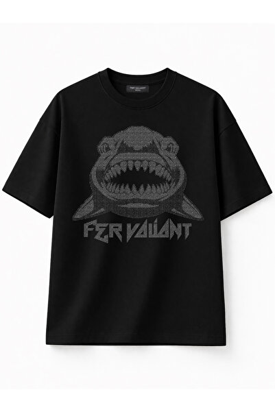 Fer Valiant Μπλουζάκι Unisex με στάμπα καρχαρία από στρας και πέτρες, Oversiz...