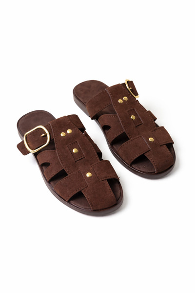 FootFrenzy Γυναικείες παντόφλες Loren Bitter Brown Suede με χρυσή λεπτομέρεια...