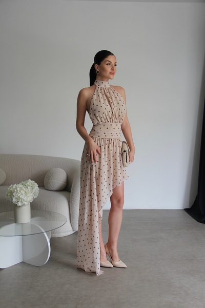 Julidress Φόρεμα με ασύμμετρη κοπή και δέσιμο στο λαιμό, μακρύ, premium, πουά...