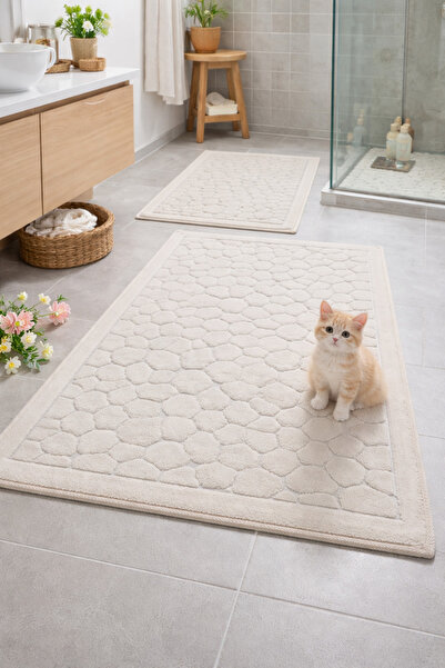 HOMEMOME Cotton Bath Mat Pebble Set of 2 Cream 60*100 & 50*60