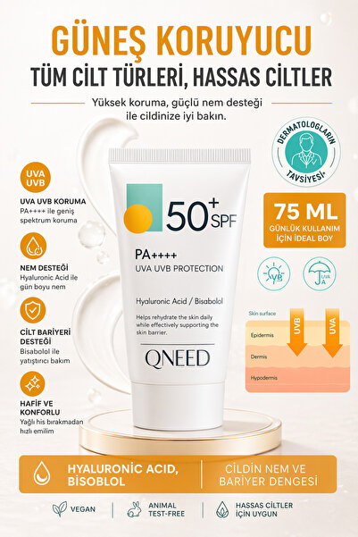 QNEED GÜNEŞ KORUYUCU 50+SPF,Leke Karşıtı, Yüksek Korumalı, (Hyaluronic acid v...